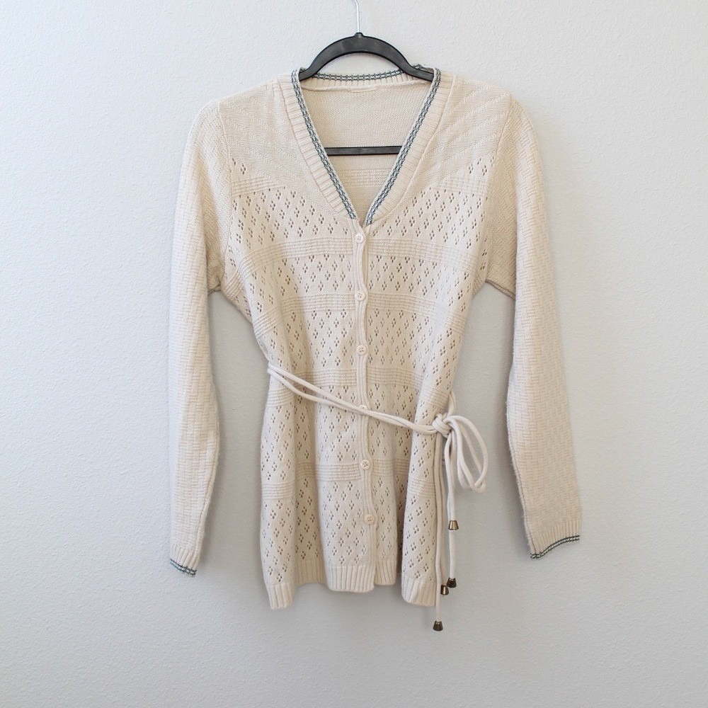 Women's Ivory Pointelle Knit Cardigan Tie Waist Long Sleeve Sweater